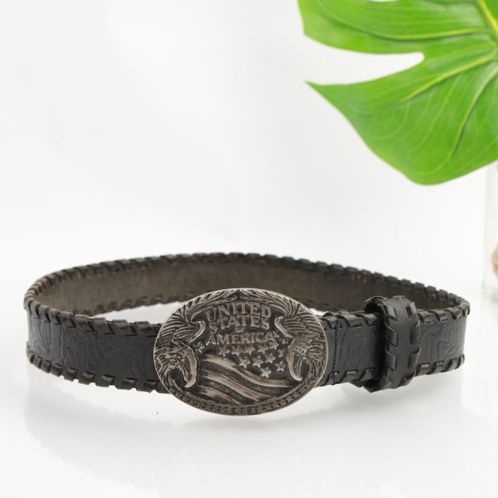 Sonoma Mens Belt Size 32 Black Eagle USA Flag Patriotic Oval Metal Buckle